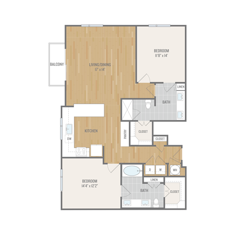 Floor plan for 2 beds, 2 baths, 1350 sqft